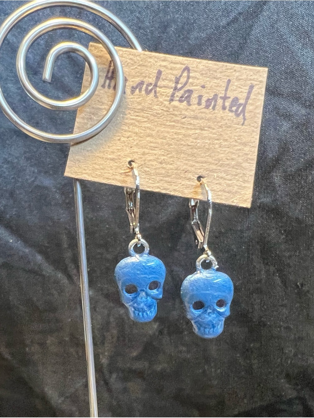 Hand-Painted Blue Skull Dangle Earrings, UV Reactive